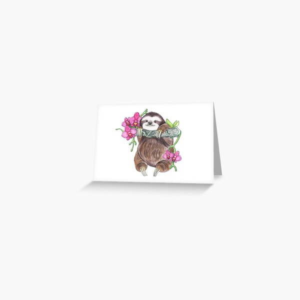 Happy Sloth with orchids Greeting Card