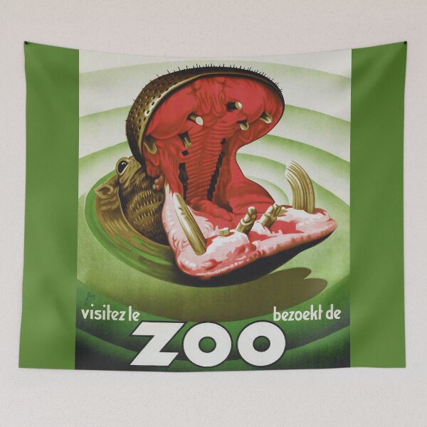 Item preview, Vintage Hippo Antwerp Belgian Visit the Zoo poster designed and sold by Glimmersmith.