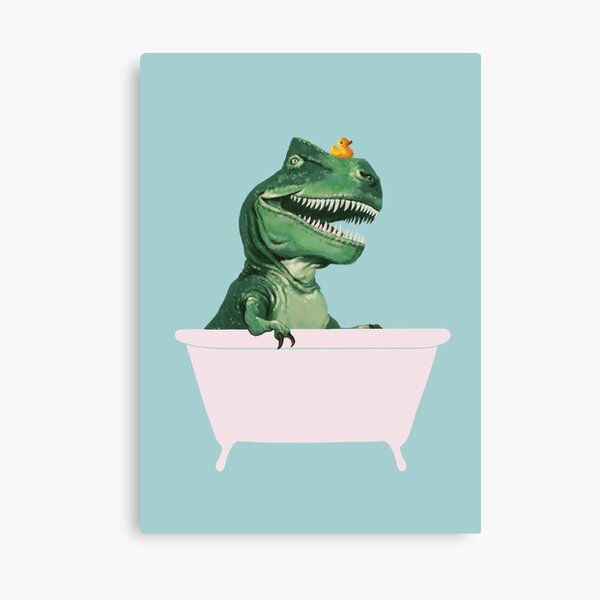 Playful T-Rex in Bathtub in Green Canvas Print