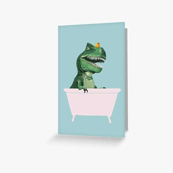 Playful T-Rex in Bathtub in Green Greeting Card