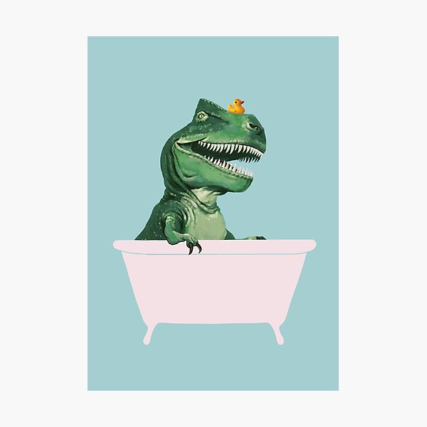 Playful T-Rex in Bathtub in Green Photographic Print