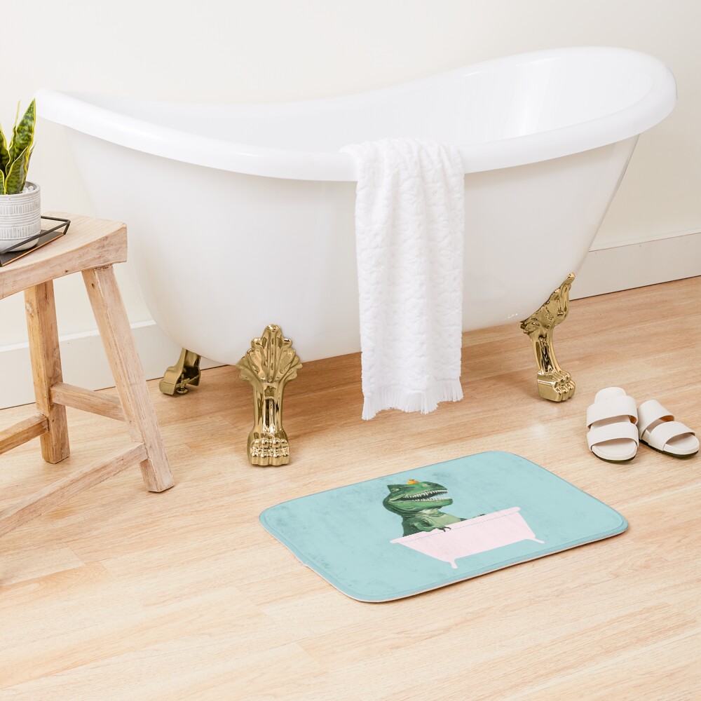 Playful T-Rex in Bathtub in Green Bath Mat