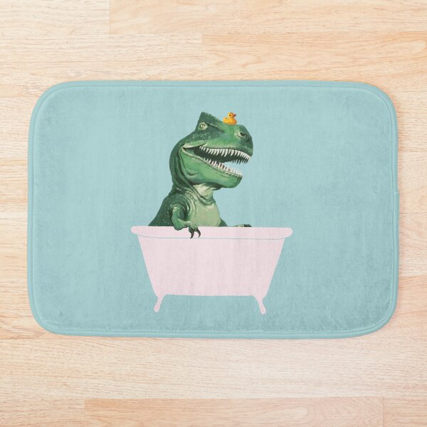 Playful T-Rex in Bathtub in Green Bath Mat