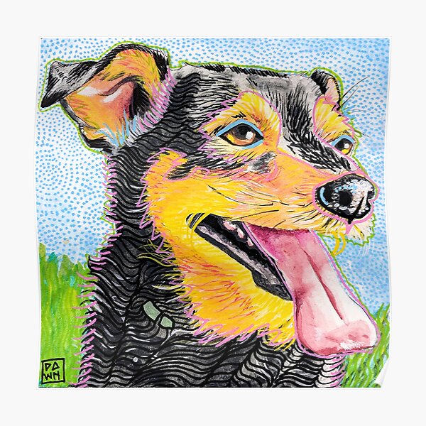 Pop Art Dog and Grass Ink Painting in Intense Colors and Patterns Poster