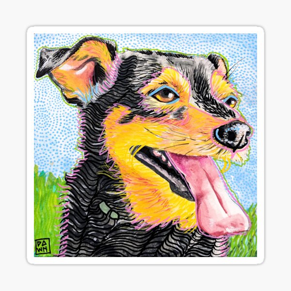 Pop Art Dog and Grass Ink Painting in Intense Colors and Patterns Sticker