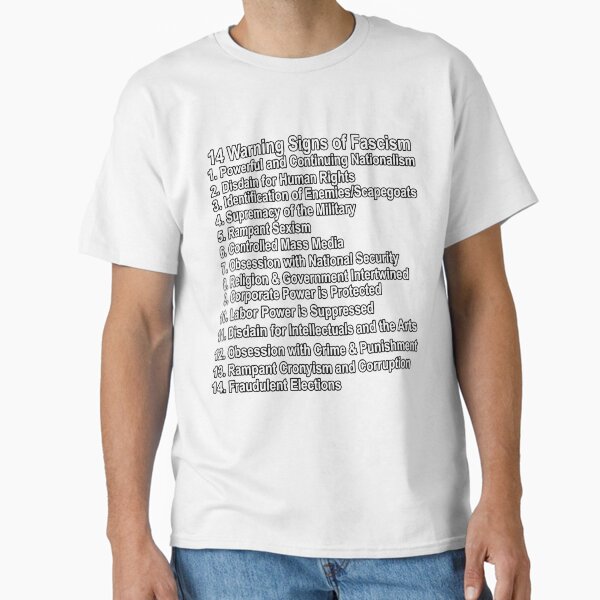 Vista previa del artículo con la obra «14 Señales de advertencia del fascismo Anti Donald Trump Resistir Protesta contra el fascismo», diseñado y vendido por funnytshirtemp.