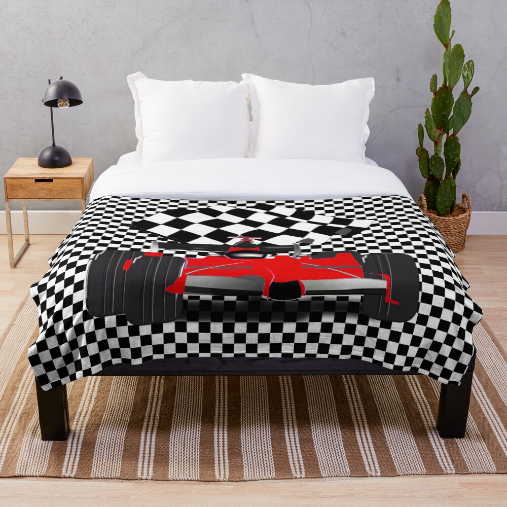 Red Race Car with Checkered Flag Throw Blanket