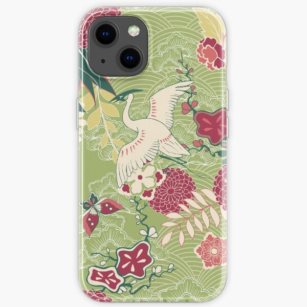 Japanese pattern of flying heron surrounded by flowers iPhone Soft Case