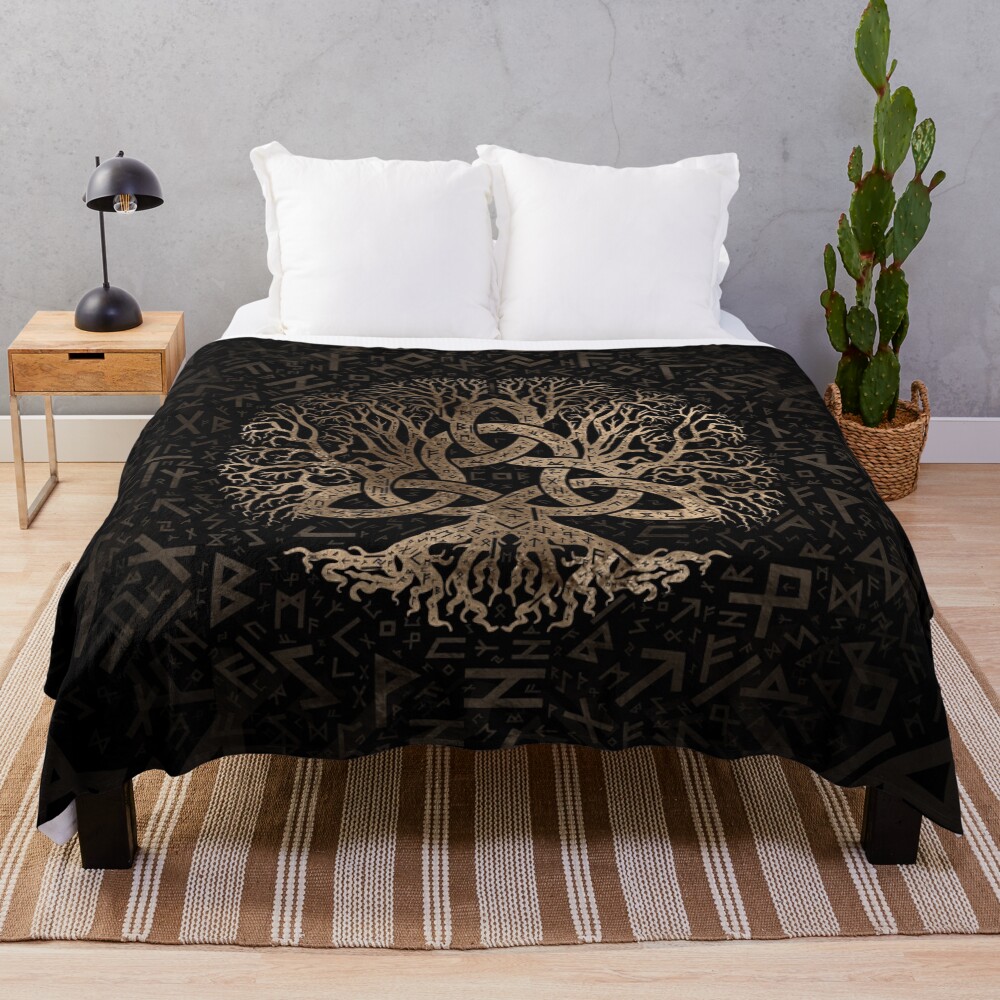 Tree of life with Triquetra on Futhark pattern Throw Blanket
