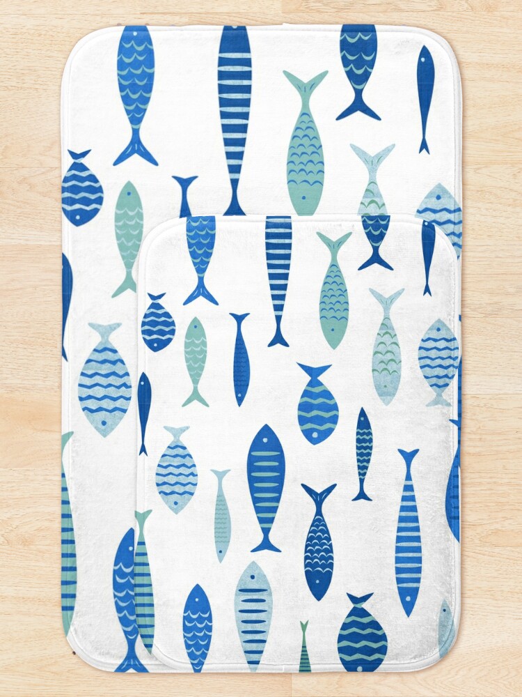 Thumbnail 5 of 6, Bath Mat, Mid Century Modern Blue Fish Fishing MCM Mid Mod designed and sold by funnytshirtemp.