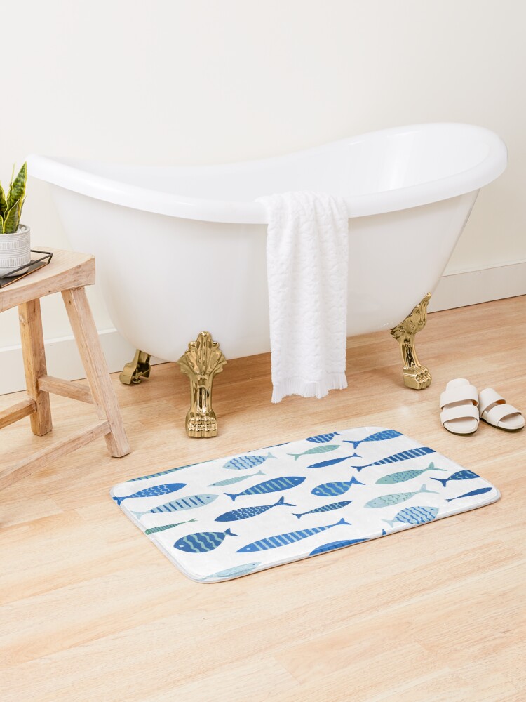 Thumbnail 1 of 6, Bath Mat, Mid Century Modern Blue Fish Fishing MCM Mid Mod designed and sold by funnytshirtemp.