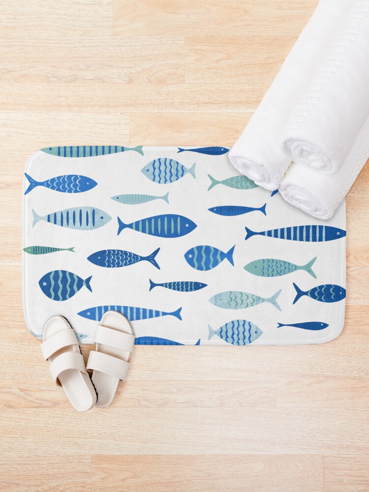 Thumbnail 2 of 6, Bath Mat, Mid Century Modern Blue Fish Fishing MCM Mid Mod designed and sold by funnytshirtemp.