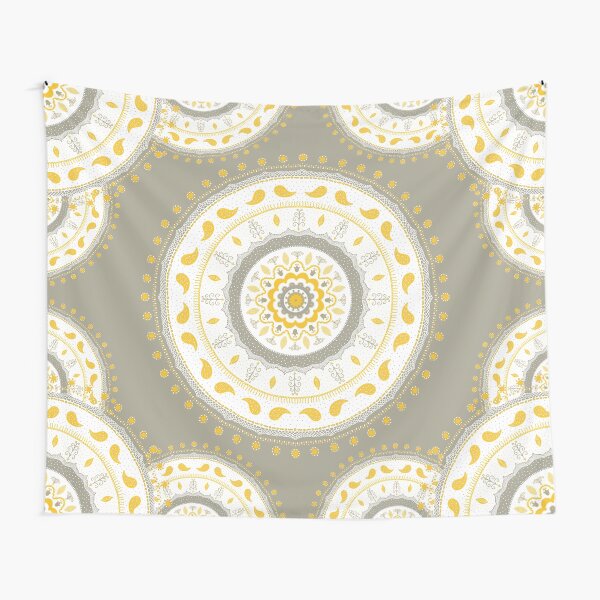 Gray Yellow White Mandalas Tapestry