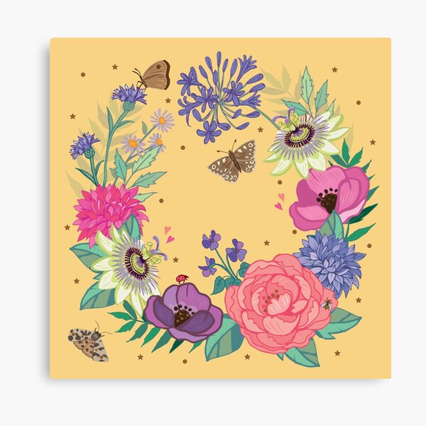 Bright Summer Flowers Garland on Yellow Canvas Print