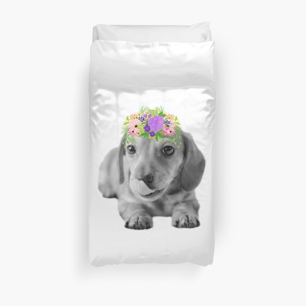Cute Floral Dachshund Puppy Duvet Cover
