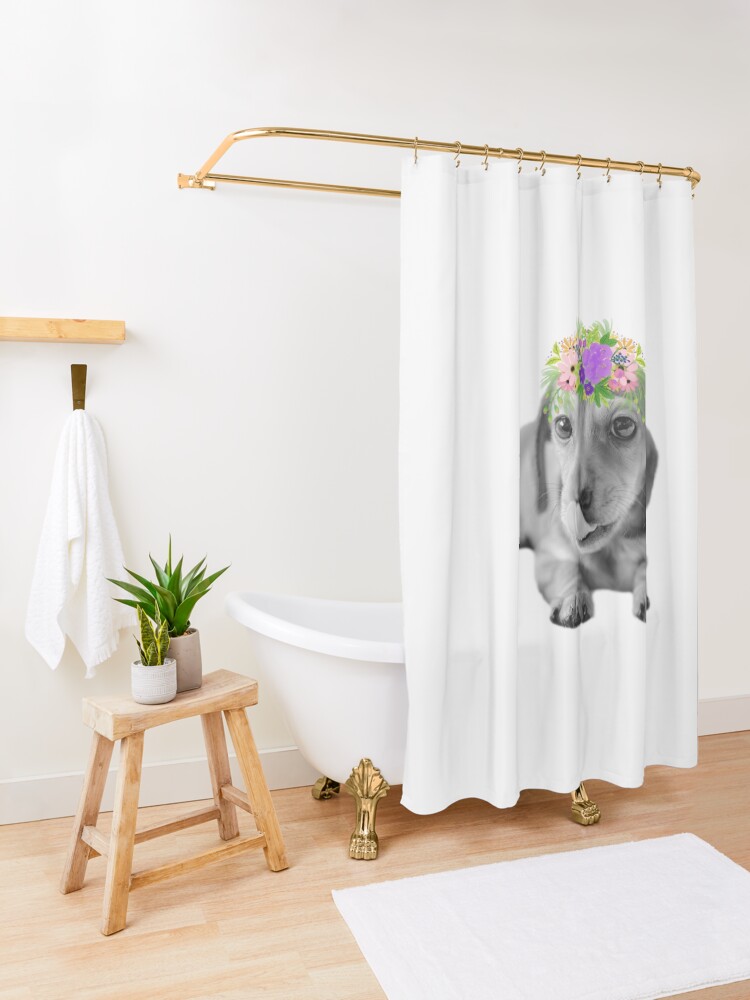 Alternate view of Cute Floral Dachshund Puppy Shower Curtain