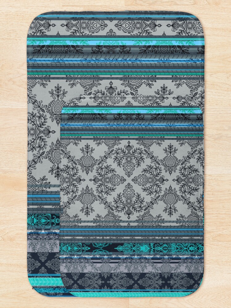 Alternate view of Teal, Aqua & Grey Vintage Bohemian Wallpaper Bath Mat