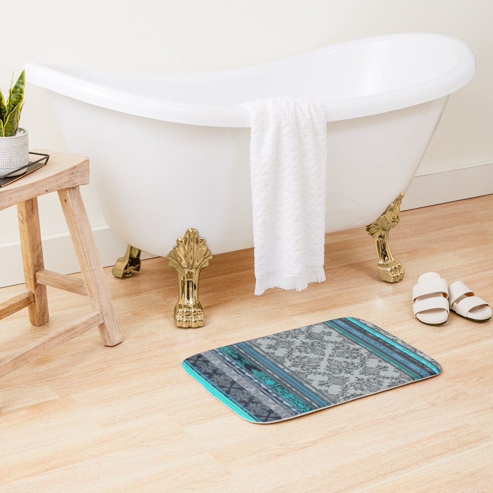 Teal, Aqua & Grey Vintage Bohemian Wallpaper Bath Mat