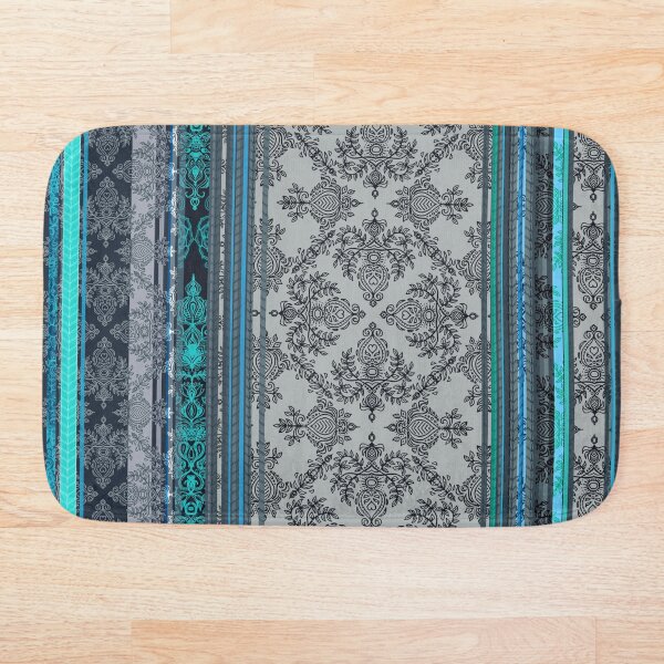 Teal, Aqua & Grey Vintage Bohemian Wallpaper Bath Mat