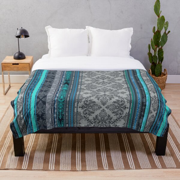 Teal, Aqua & Grey Vintage Bohemian Wallpaper Throw Blanket