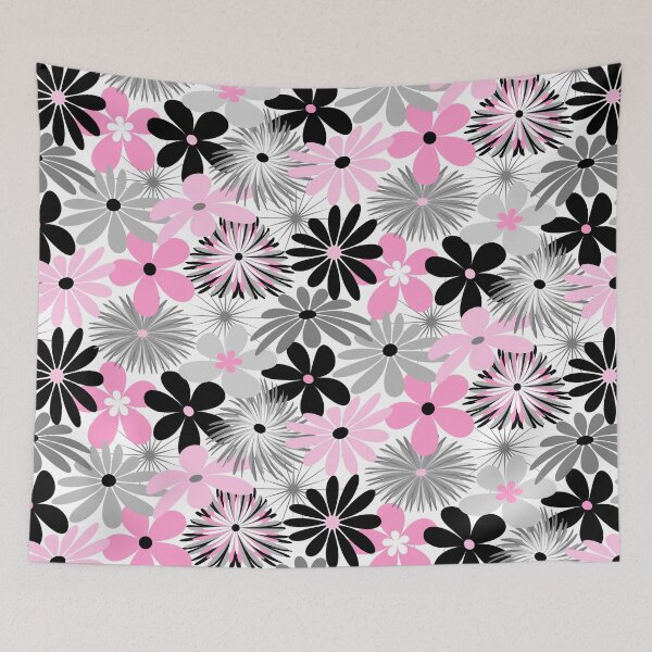 Item preview, Mid Century Modern Funky Flowers in Pink, Gray, Black and White designed and sold by Elsy's Art.