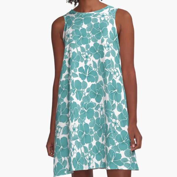 Hibiscus and Plumeria - Teal A-Line Dress
