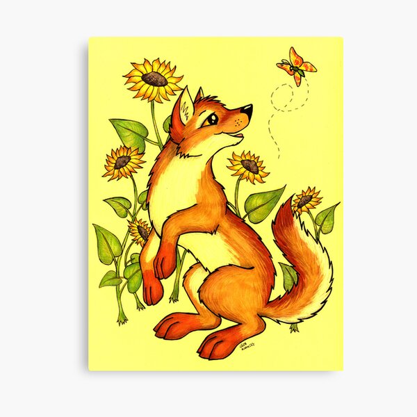 Red Wolf in Summer - Sunflowers and Butterflies Canvas Print