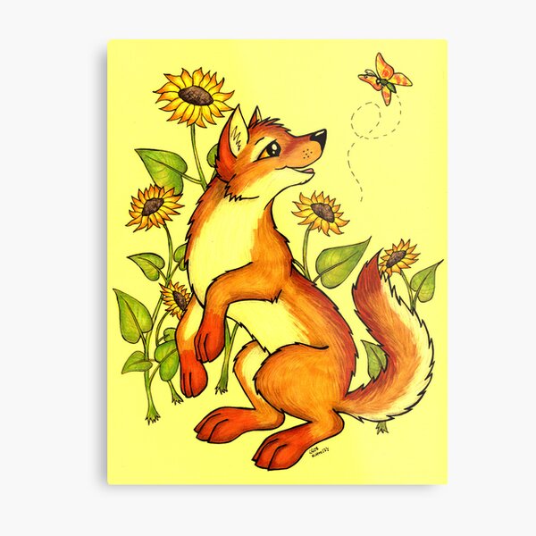 Red Wolf in Summer - Sunflowers and Butterflies Metal Print