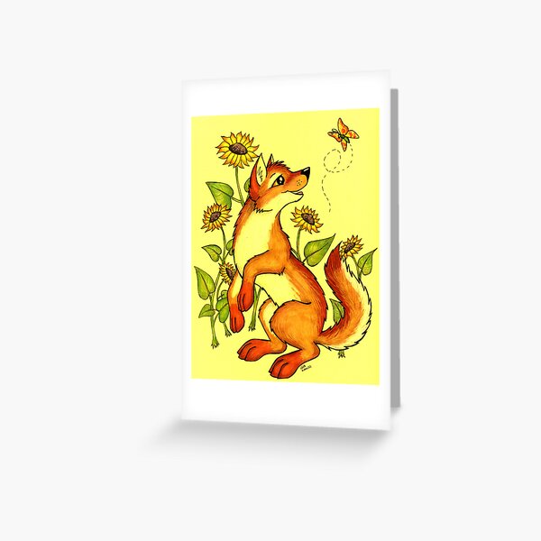 Red Wolf in Summer - Sunflowers and Butterflies Greeting Card