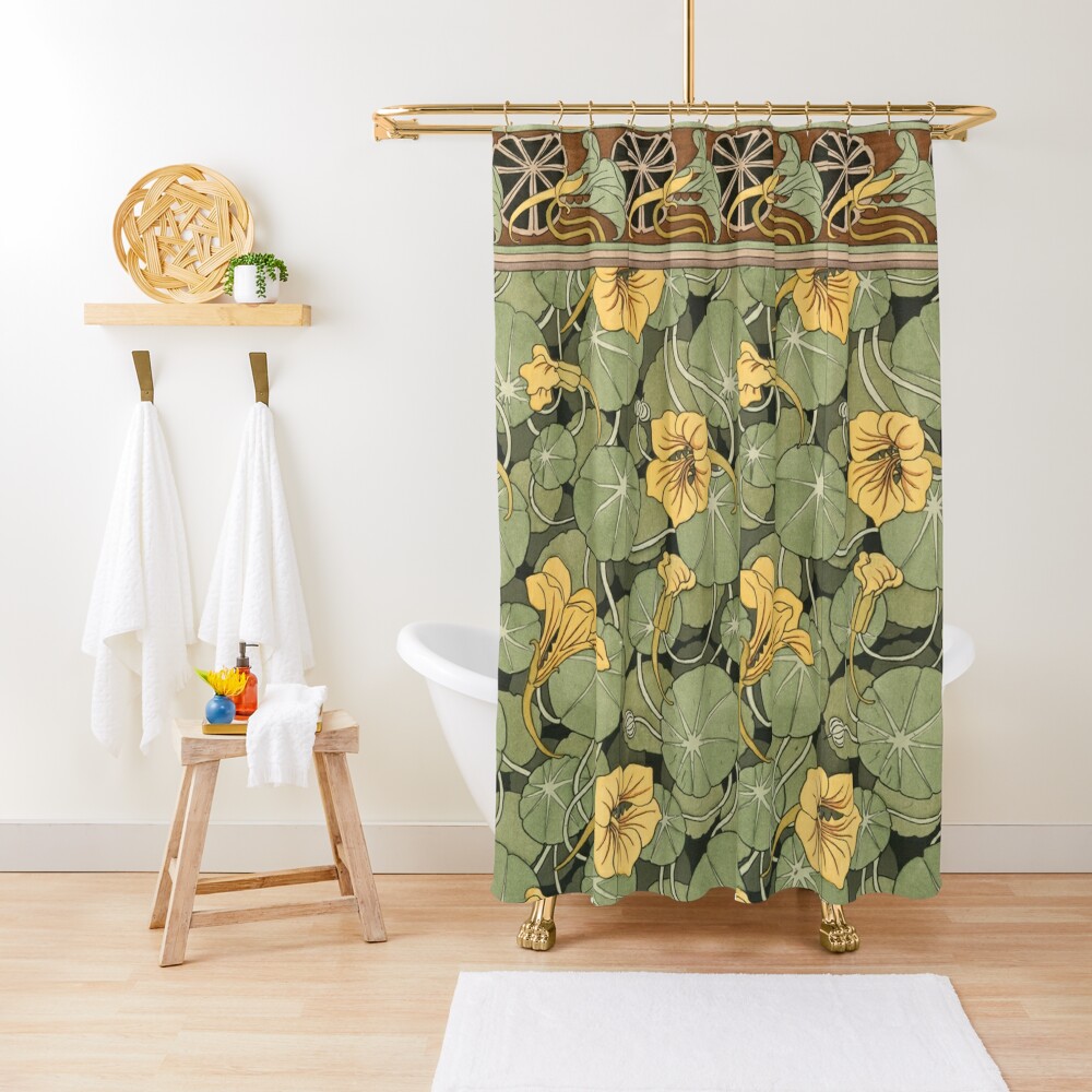 YELLOW NASTURTIUM FLOWERS GREEN LEAVES Art Nouveau Floral Shower   Ur,shower Curtain Closed Context,square,1000x1000.1u10 