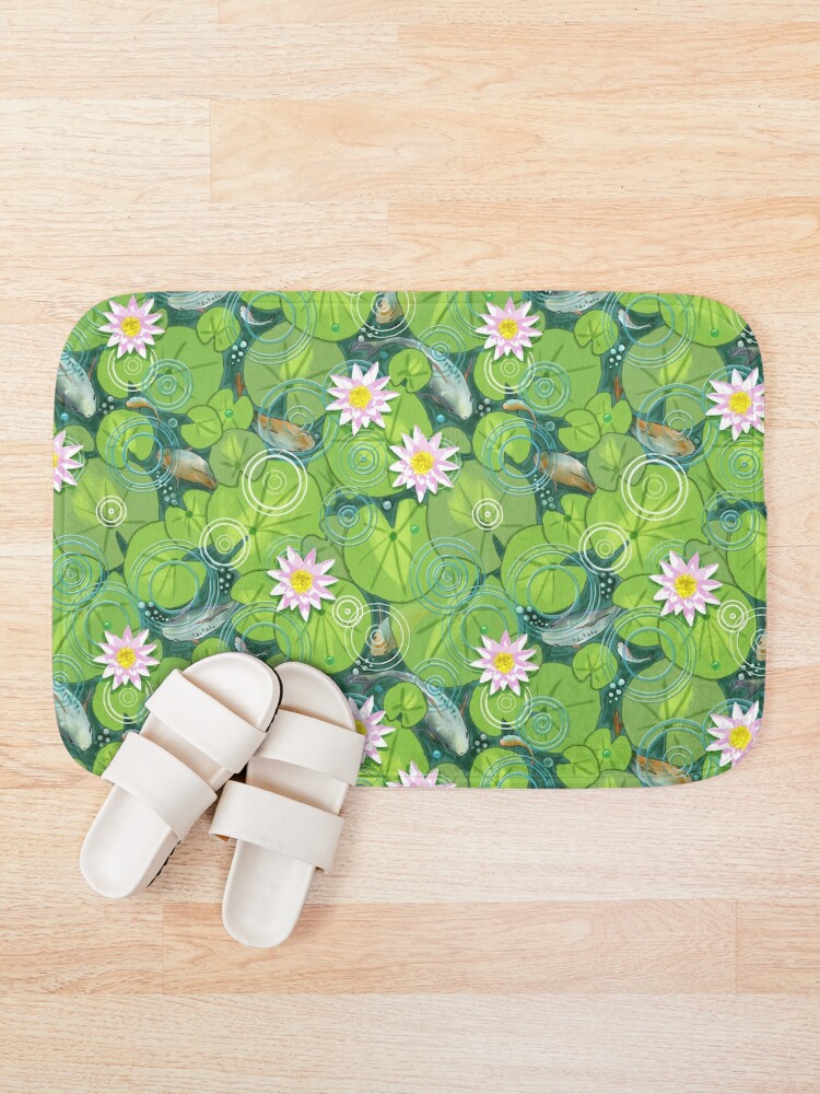 "Koi Fish Pond with Green Lily Pads and Pink 'Waterlilies " Bath Mat by