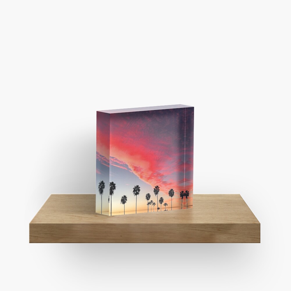 Red Scarlet Sunset Over Palm Trees Art Photo Acrylic Block