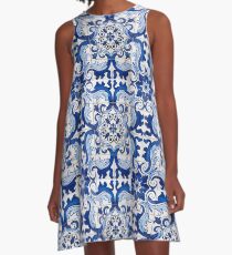 Antique Azulejo Tile Floral Pattern A-Line Dress