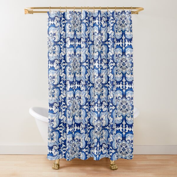 Disover Antique Classic Lisbon Blue Azulejo Tile Floral Pattern Shower Curtain