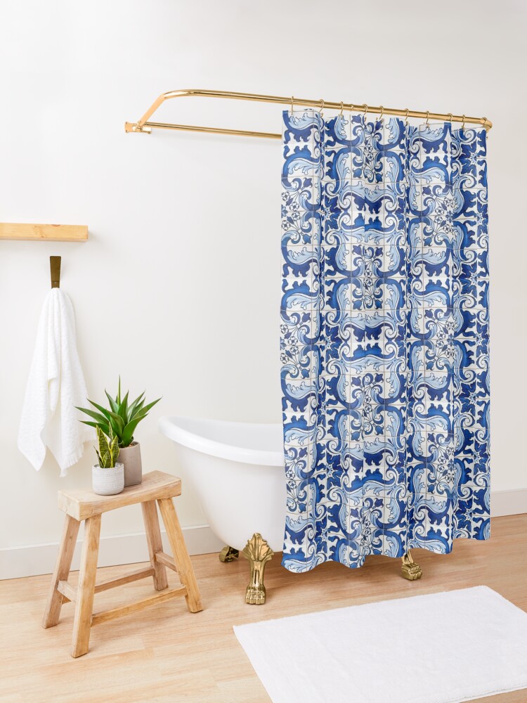 Alternate view of Antique Classic Lisbon Blue Azulejo Tile Floral Pattern Shower Curtain