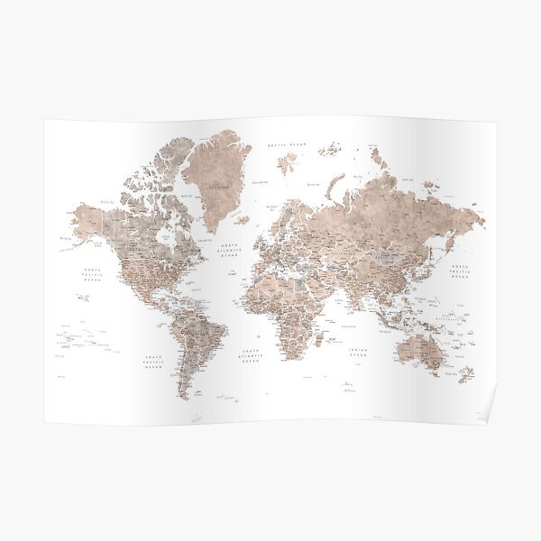 Brown watercolor world map with US state capitals Poster