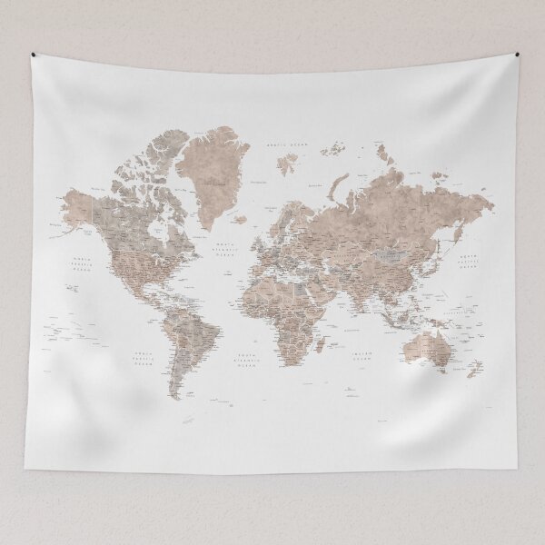 Item preview, Brown watercolor world map with US state capitals designed and sold by blursbyai.