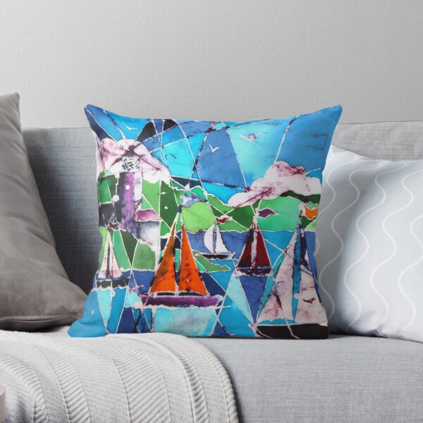 Boats and Lighthouse Throw Pillow