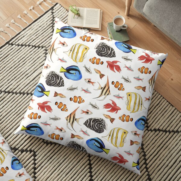 Tropical Fish on White - pattern Floor Pillow