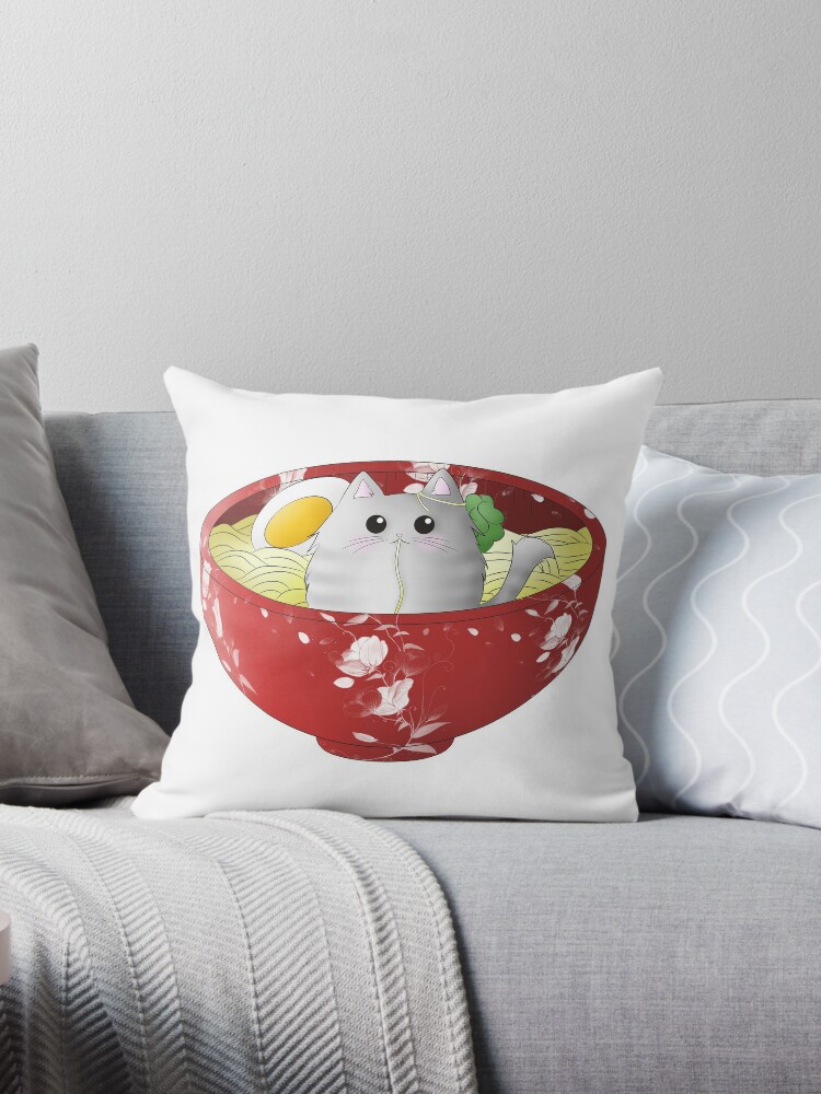 Coussin Kawaii Chat Japonais Rigolo Rigolo Dans Un Bol De Nouilles Amant Des Chats Gourmand Par Vane22april Redbubble