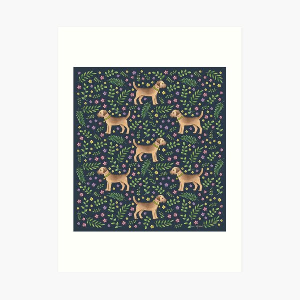 Border Terriers Spring Floral on navy - pattern Art Print
