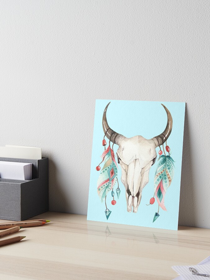 BOHO STEER SKULL WITH TRIBAL FEATHERS WATERCOLOR DESIGN