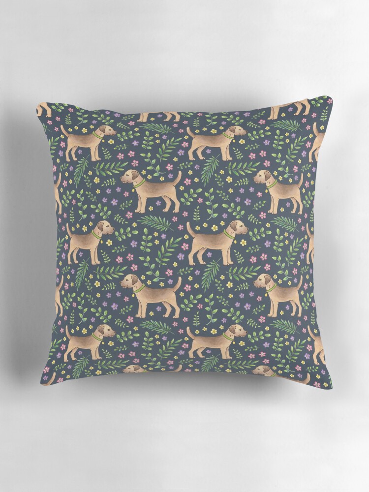 Thumbnail 3 of 4, Pillow, Border Terriers Spring Floral on navy - pattern designed and sold by HazelFisher.