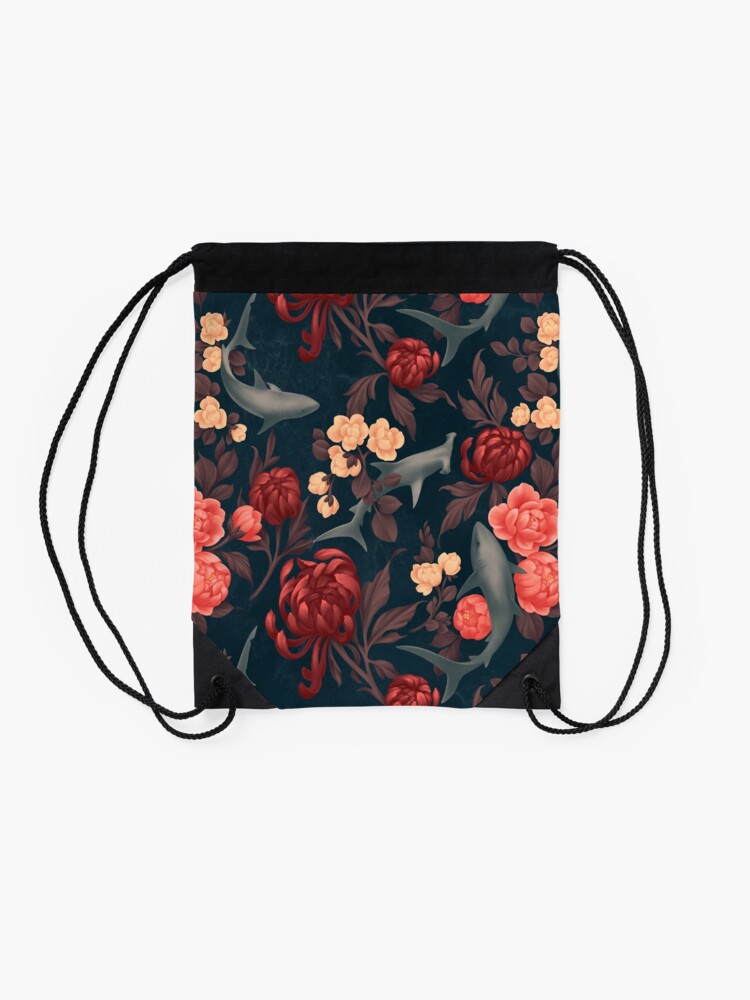 Alternate view of Botanical Shark (Red and Blue) Drawstring Bag