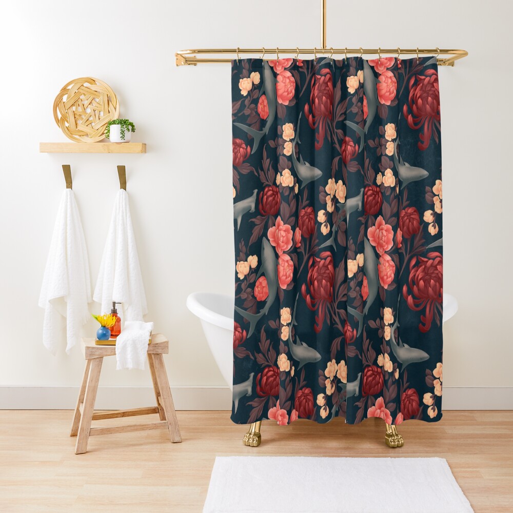 Botanical Shark (Red and Blue) Shower Curtain