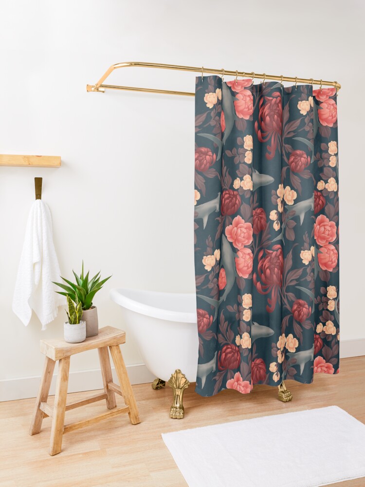 Alternate view of Botanical Shark (Red and Blue) Shower Curtain