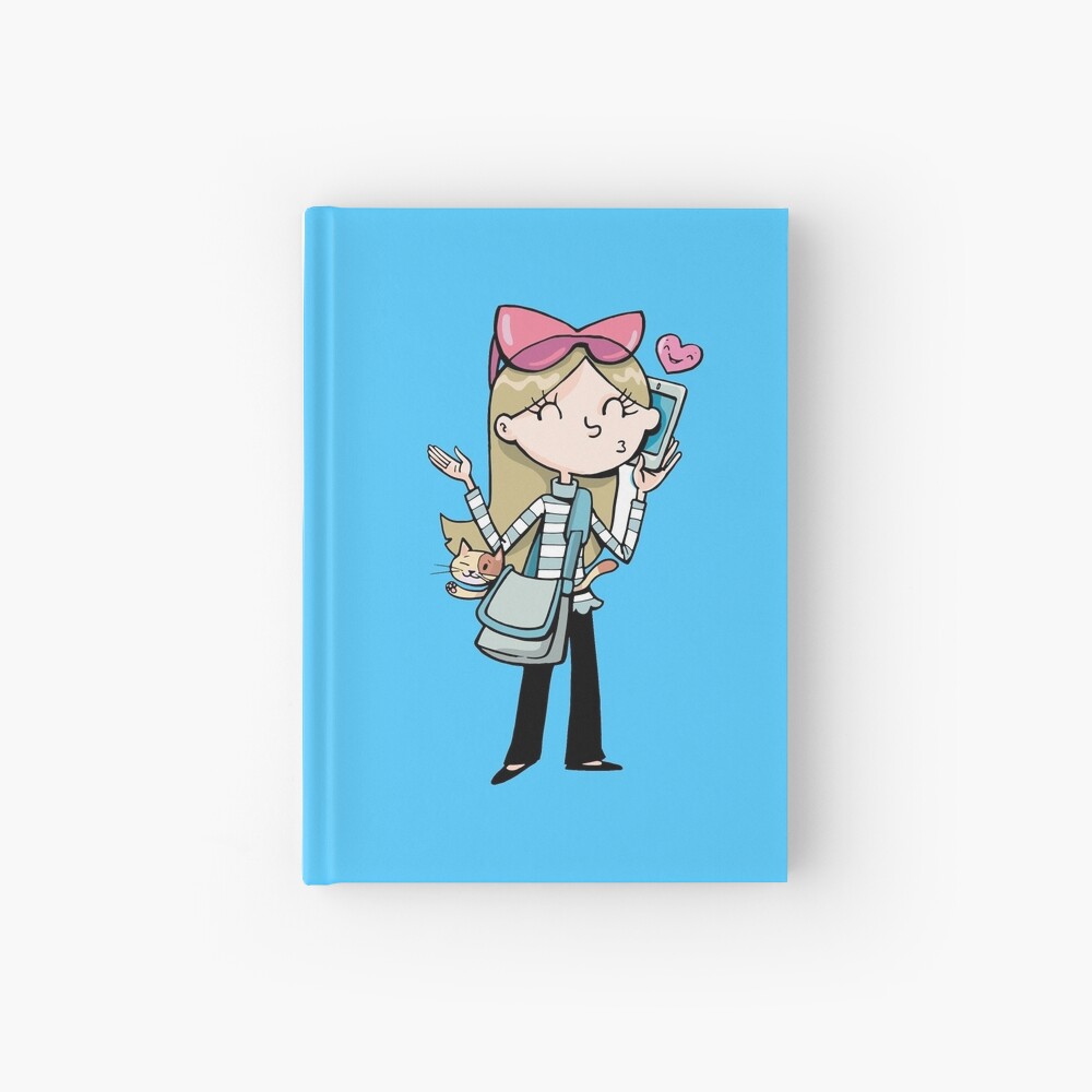 girl talks to a mobile phone and carries a cat in a bag Hardcover Journal