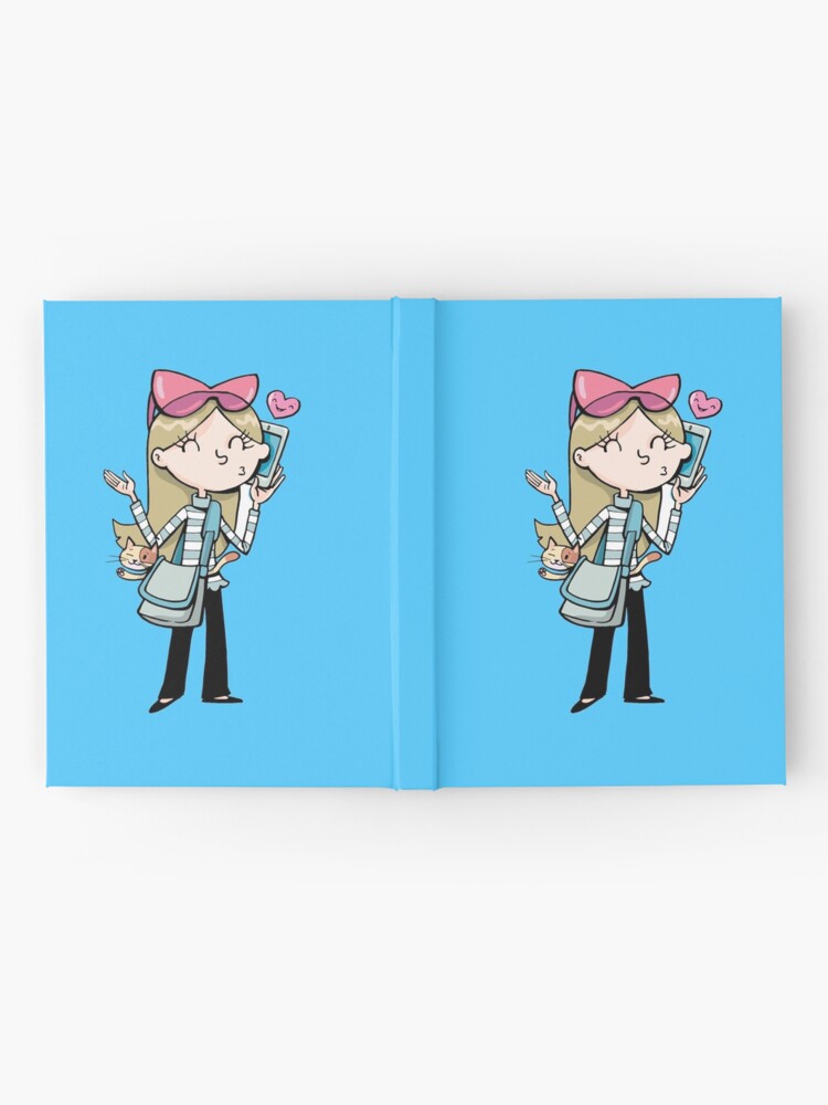 Alternate view of girl talks to a mobile phone and carries a cat in a bag Hardcover Journal