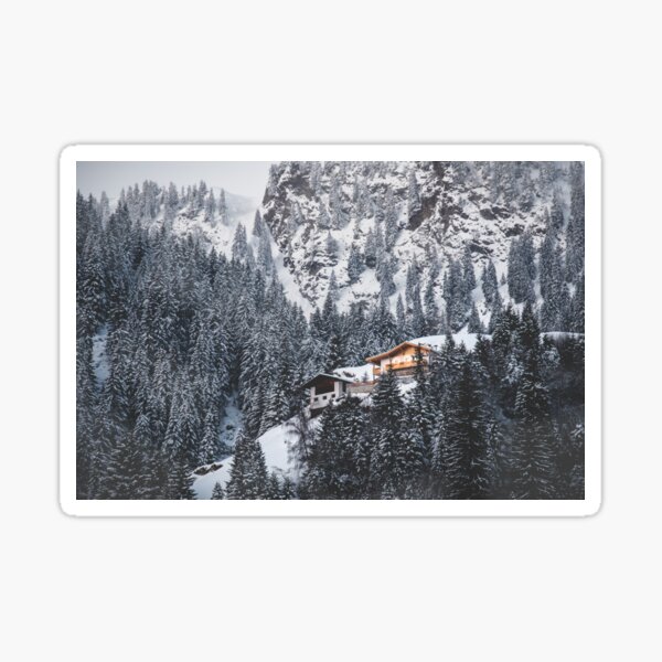 Item preview, mountain cabin snow covered woods firs dawn designed and sold by fineartitalia.