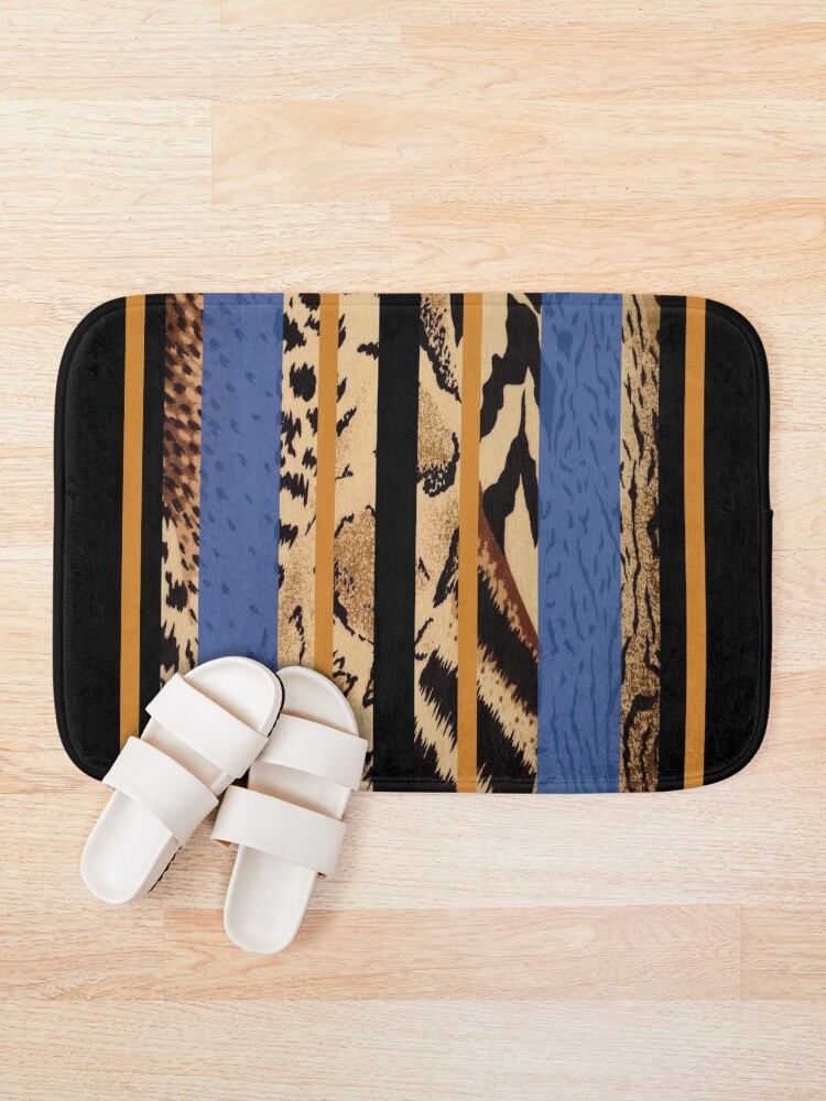 "Animal Print with Blue and Organge Stripes" Bath Mat by mkeast Redbubble